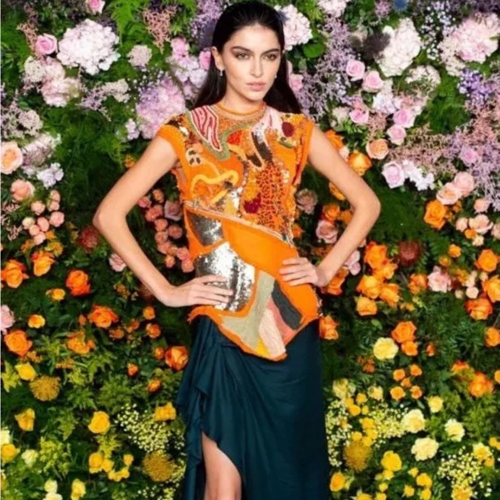 ZARA ATELIER ORANGE GREEN DRESS BEADED M $499+ TAX **FITS LIKE AN XS**